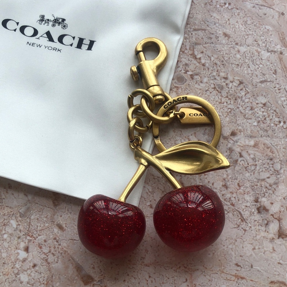 Coach Gold-Tone Cherry Keychain with Red Glitter Cherries